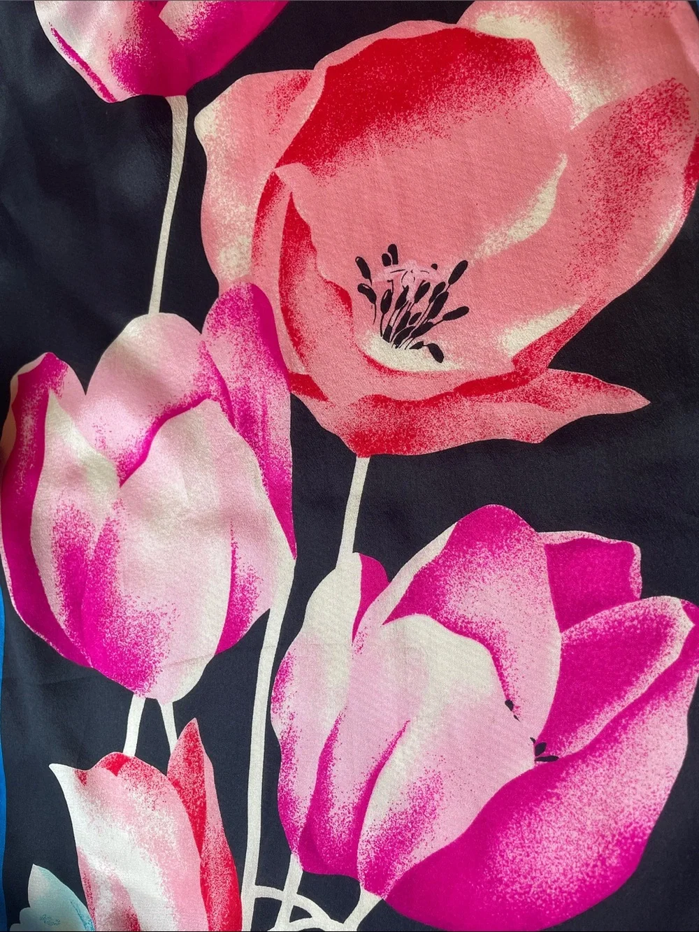 Vintage Oscar de la Renta Silk Scarf Tulip Floral Pink Blue Black Oblong
